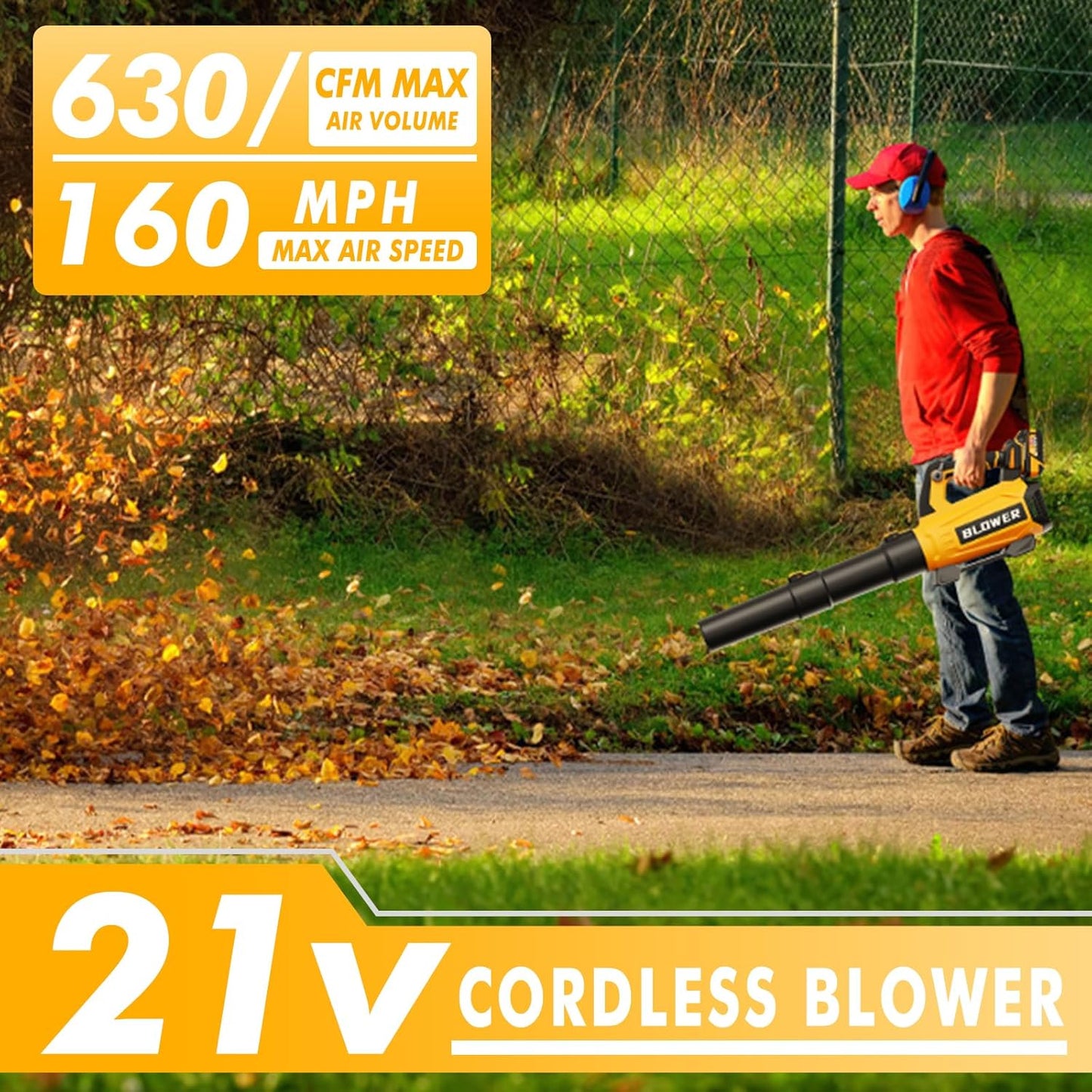 Leaf Blower Cordless (Upgraded) - 630CFM/160MPH, 21V Powerful Electric Cordless Leaf Blower with 2 x 4.0Ah Batteries and Charger, Battery Powered Leaf Blowers for Lawn Care, Patio, Yard, Dust, Snow