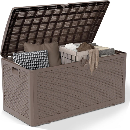 80 Gallon Pro Resin Deck Box, Waterproof Outdoor Storage Bin for Patio, Poolside, and Garden, Lockable & UV-Resistant,Brown