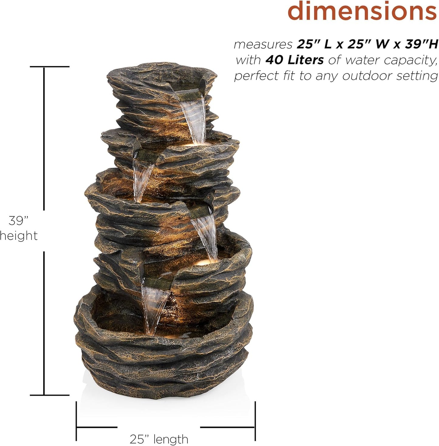 Alpine Corporation GIL110 Outdoor 5 Tiered Natural Look Rock Water Floor Fountain with Replaceable Lights,39" H, Brown