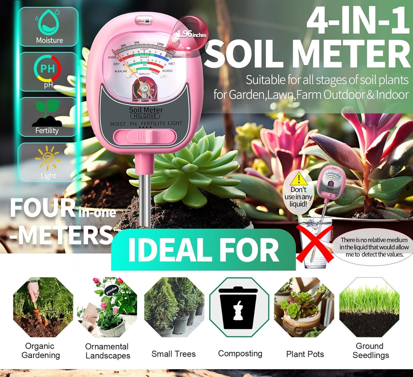 HSLGOVE Soil Test Kit,4-in-1 Soil Moisture Meter,Soil PH Meter/Fertility/Sun-Light, Large Dial Soil Tester-MilkPink