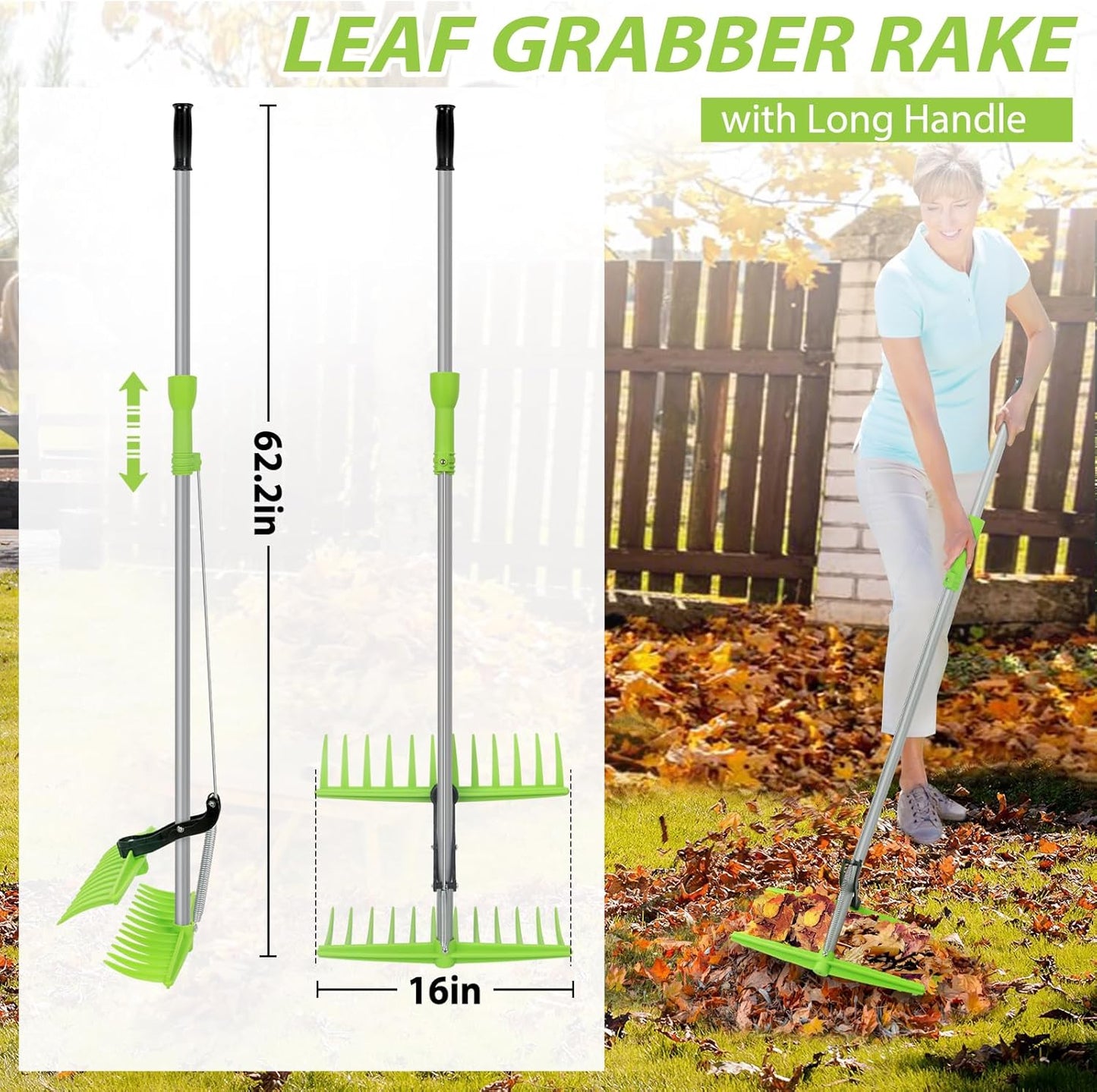 2-in-1 Leaf Grabber Rake, Back Saving Leaf Scoops and Claws with Long Handle, Efficient Leaf Picker Upper Grabber, Leaves Pickup Shovel for Lawns Yard Work Gardening