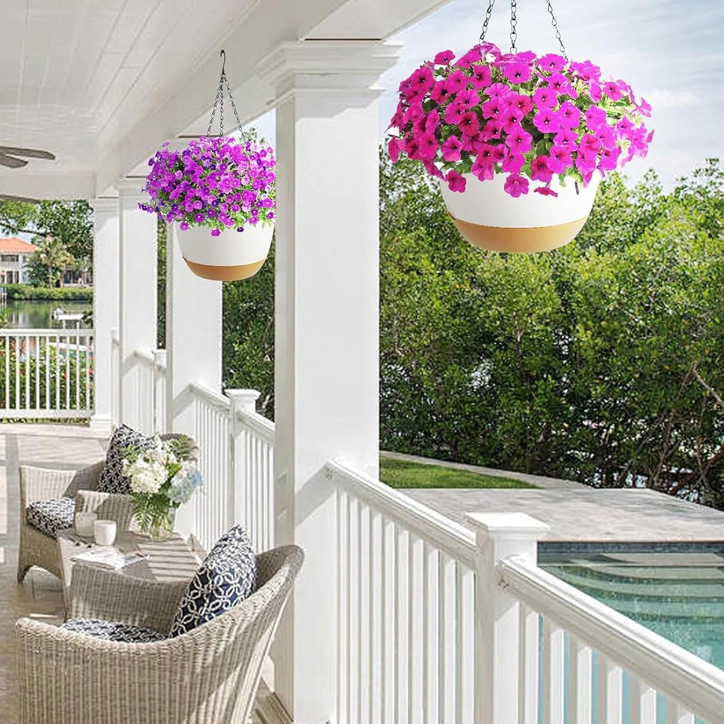 2 Pack Hanging Planters Set,10 Inch Indoor Outdoor Hanging Plant Pot Basket,Hanging Flower Pot with Drainage Hole with 3 Hooks for Garden Home(Purple Hanger White Planters)