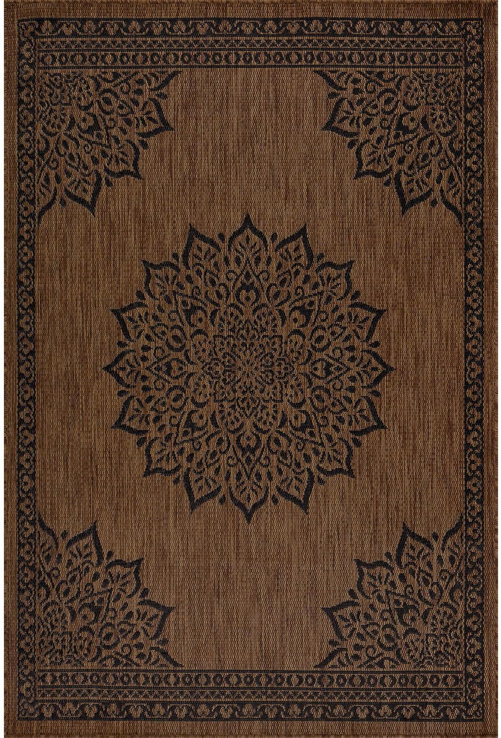 CAMILSON Outdoor Rug, 10x14 Medallion Nut Brown Black Modern Area Rugs for Large Indoor and Outdoor Patios, Kitchen and Hallway Mats, Washable Porch Deck Outside Carpet (Nut Brown Black, 10 x 14)