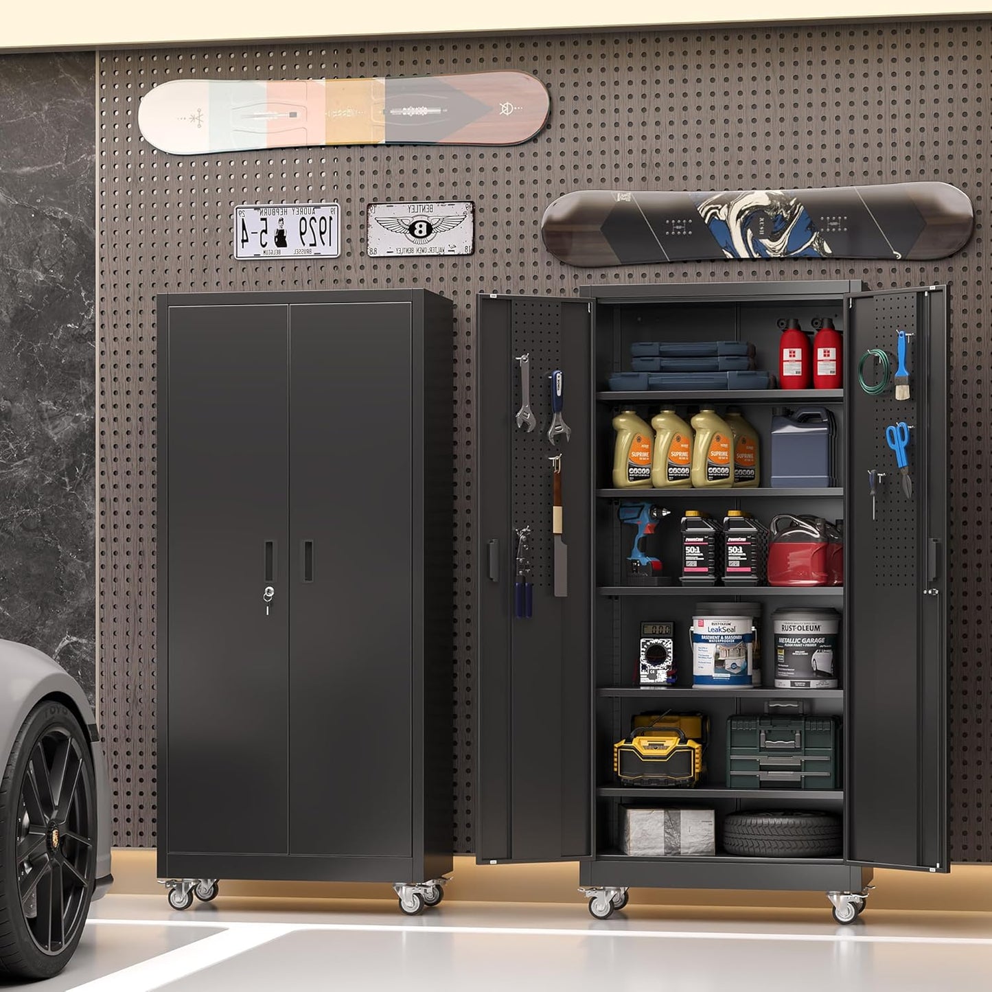 Metal Garage Storage Cabinet with Wheels & Pegboard, Lockable Metal Storage Cabinets with 2 Doors&5 Adjustable Shelves for Garage&Home,Assembly Required,Black 71''H x32''W x16''D