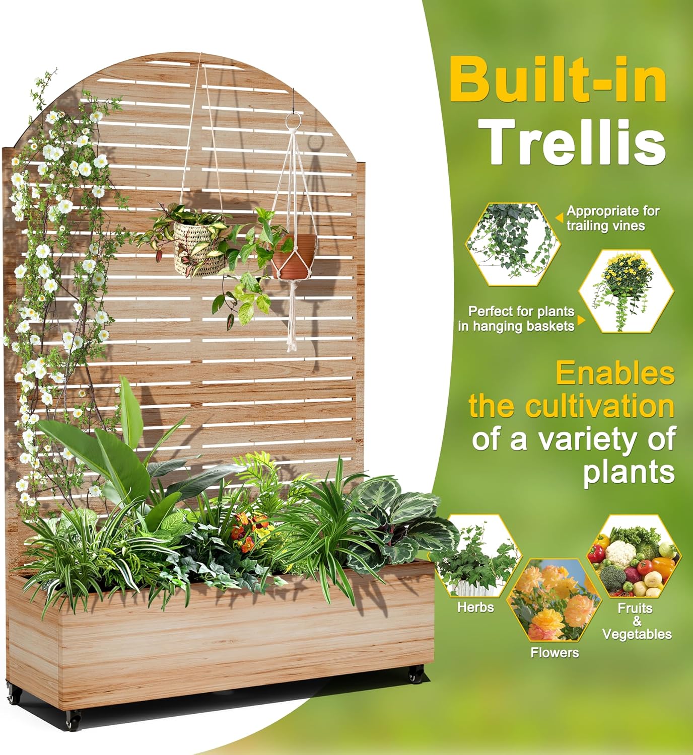 FENCY Metal Raised Garden Bed with Wheels and Trellis,Arched 73"x47"x16" Planter Box for Climbing Plants, Vegetables & Vines, Features Privacy Screen and Drainage Holes (Acacia Wood Finish)