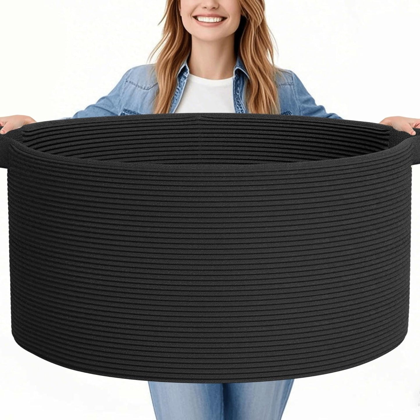 125L Extra Large Blanket Basket, 25" x 16", Jumbo Laundry Woven Baskets Decorative Home, Cotton Rope Basket with Handles, Baby Toy Baskets for Storage, Black, 2PC