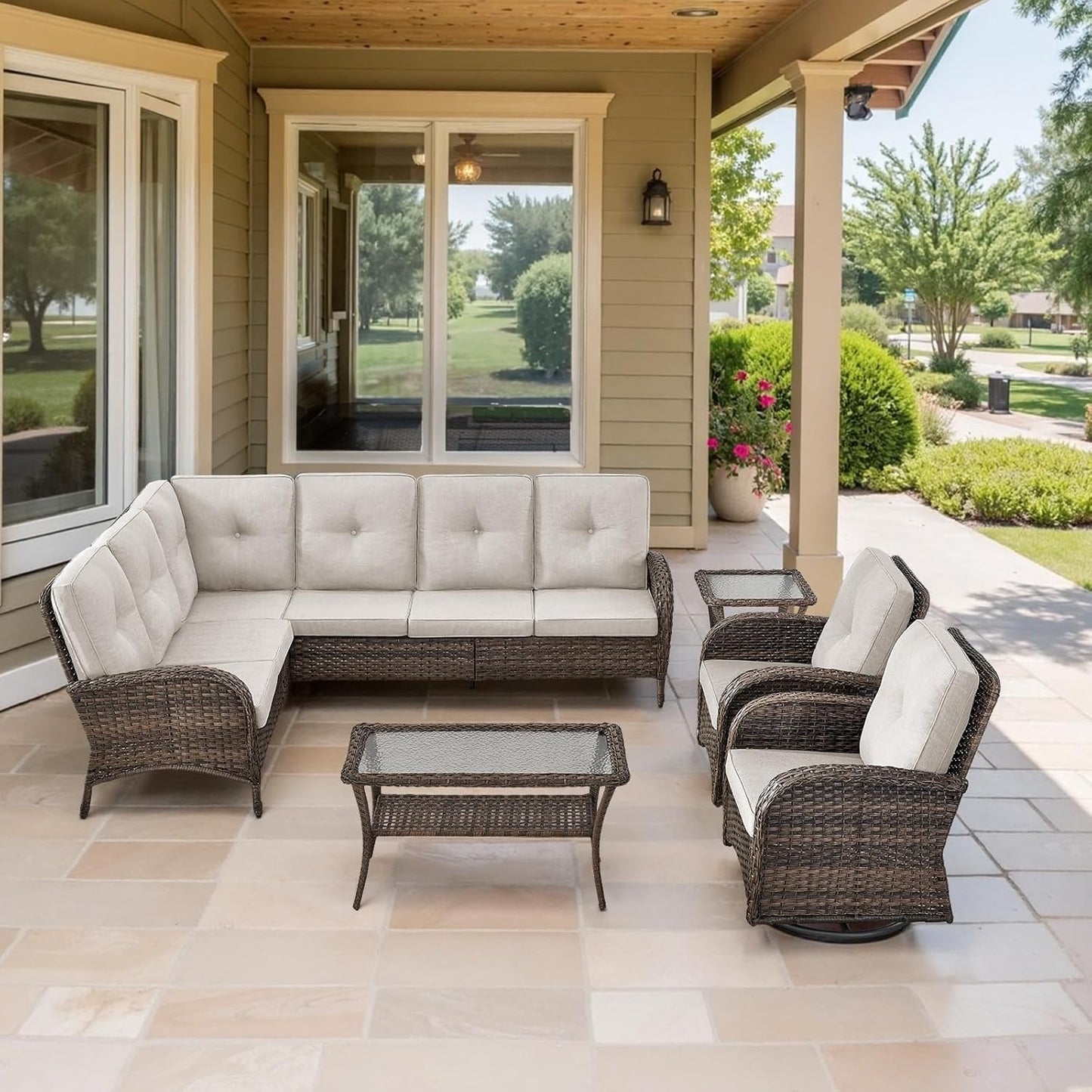 Outdoor Furniture Set - 6 Pieces Patio Conversation Sectional Sofa Set with Swivel Rocker Outdoor Chairs Set of 2 and Wicker Coffee Table for Deck Backyard Sunroom Brown