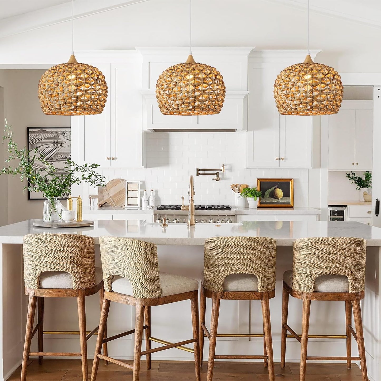 Boho Pendant Lights, 15.7" 1-Light Rattan Chandelier Hand-Woven Wicker Pendant Light with Water Hyacinth Shade, Coastal Dome Hanging Light for Dining Room Kitchen Island