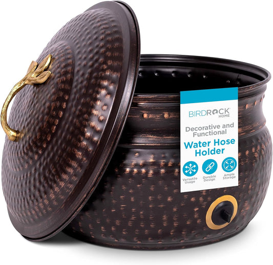 BirdRock Home Water Hose Holder - Decorative Metal Pot, Indoor or Outdoor, Garden Storage Organizer, Patio Portable Bucket - Distressed Bronze, Holds up to 200ft Hoses, Large with Lid