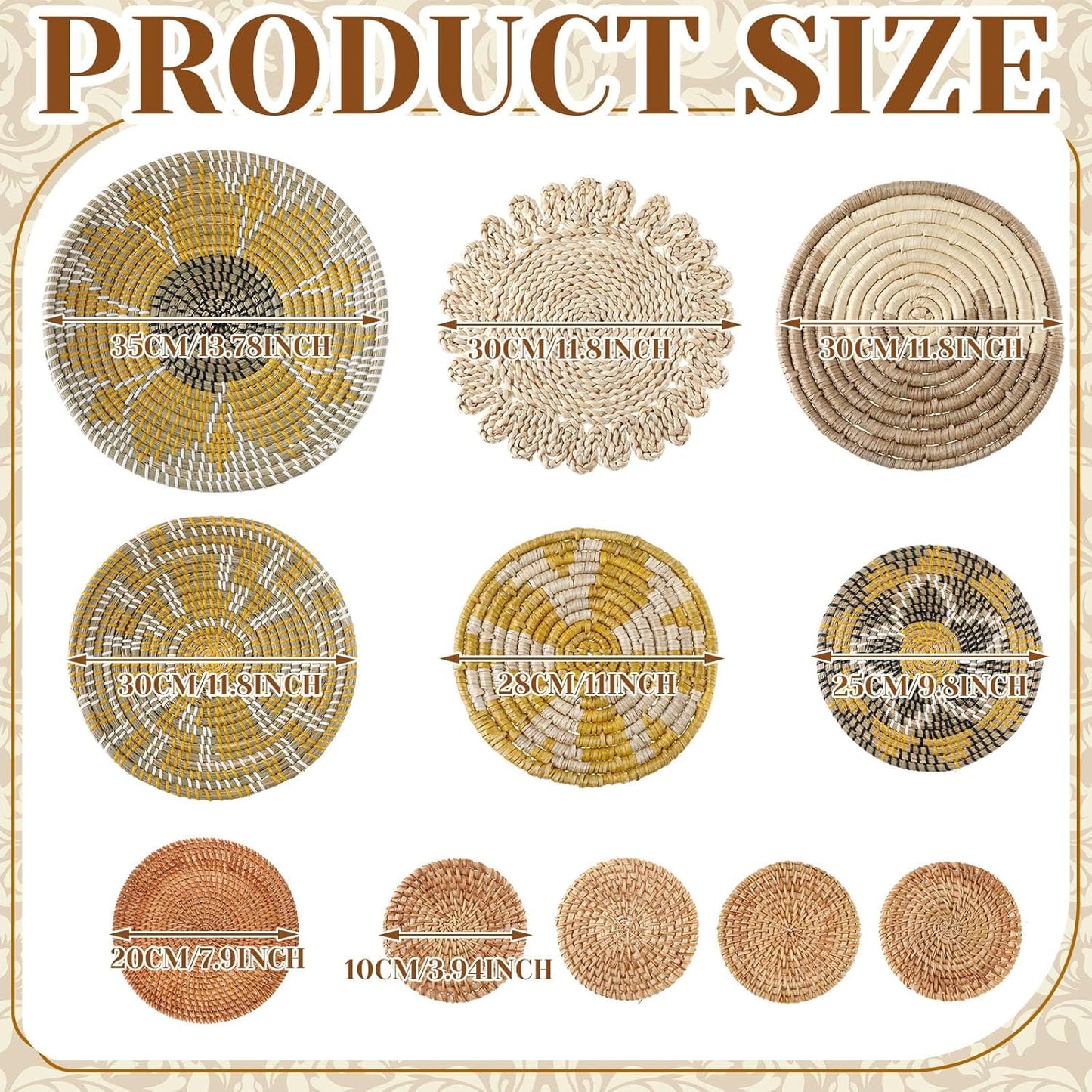 Tatuo 11 Pcs Boho Wall Basket Decor Decorative Bulrush Woven Basket Wall Decor Art Round Farmhouse Hanging Baskets for Kitchen Rustic Home Summer Decorations, Multi Sizes(Lively)