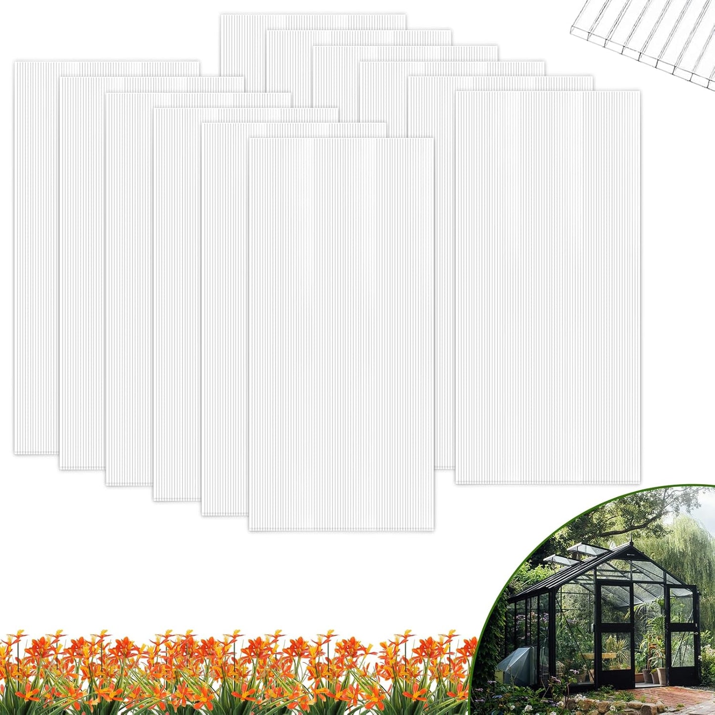 6 Pcs Polycarbonate Greenhouse Panels Waterproof UV Protected Polycarbonate Double Layer Polycarbonate Panels Sheet Corrugated Plastic for Greenhouse, Outdoor, Plant Stand Roof, clear
