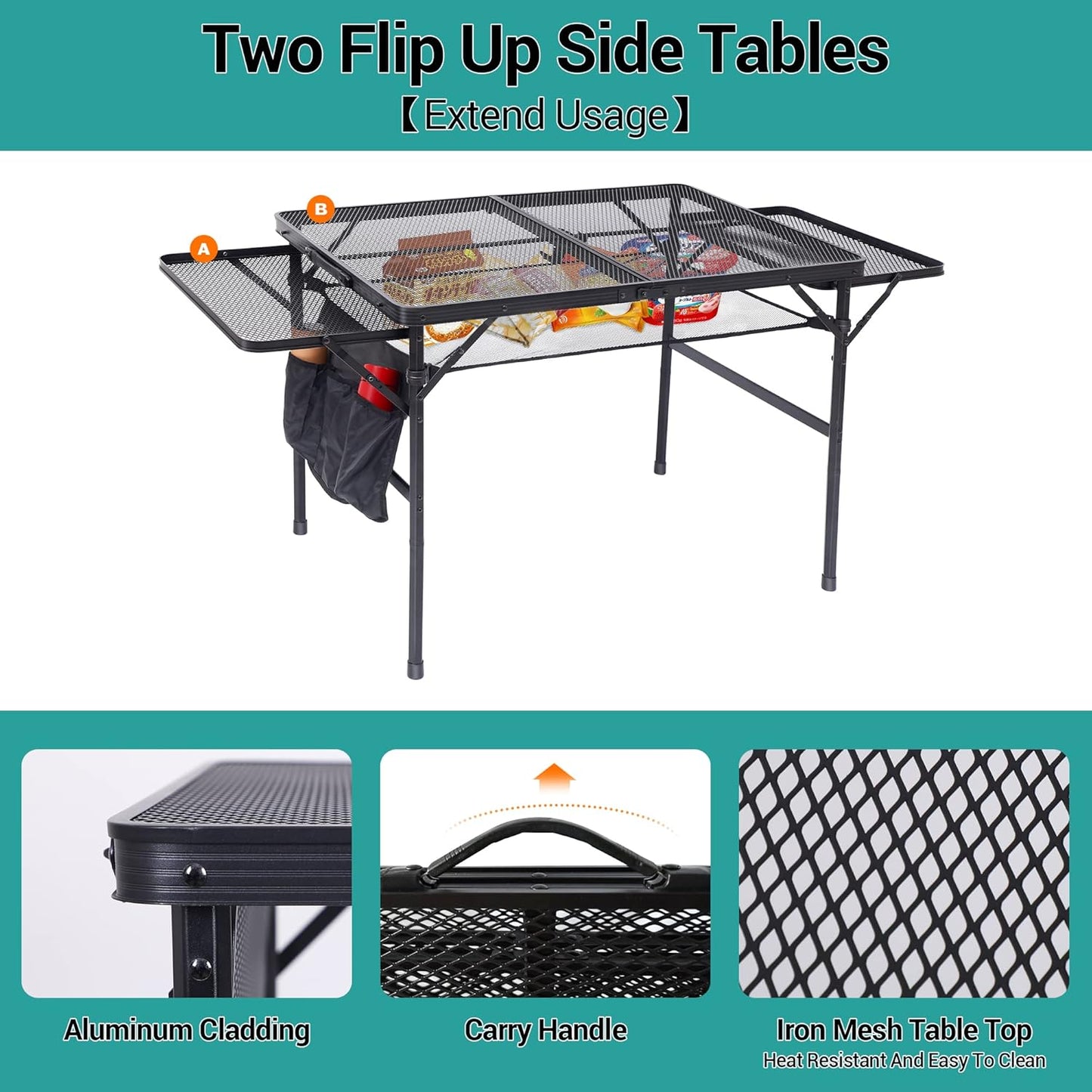 Nice C Folding Grill Table, Camping Table, Tailgate Tables, Grill Tables, Outdoor, Metal Folding Adjustable Height&Width, Mesh Net, Carry Handle