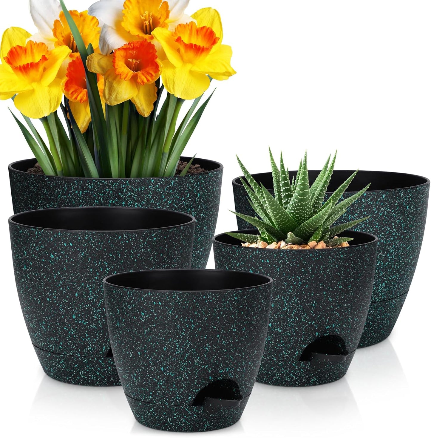 Plant Pots 10/9/8/7.5/7 inch, Self Watering Planters with Drainage Holes & Saucers for Indoor and Outdoor Plants (Green Speckles)