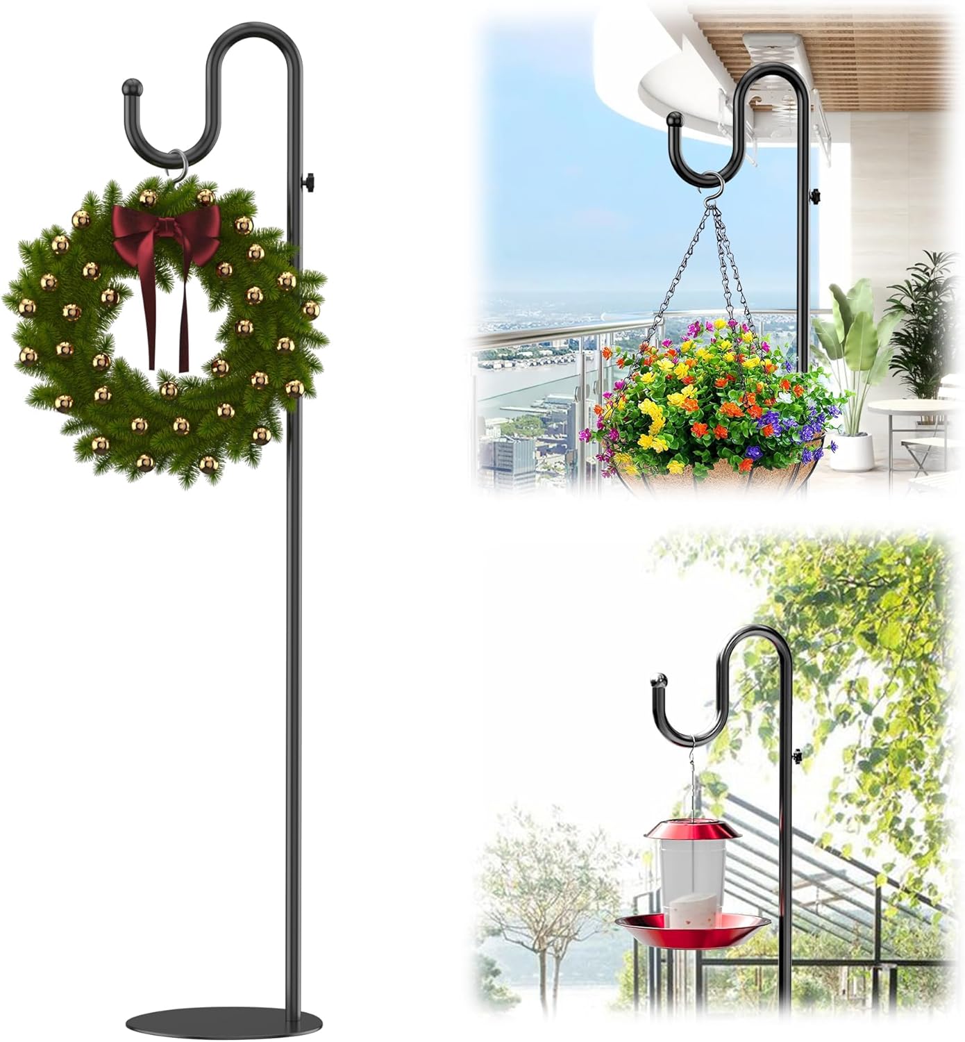 74" Shepherds Hook Stand for Plant: Hanging Bird Feeders, Plants, Lanterns, Wreath and Wind Chimes, Adjustable Free Standing Pole Holder with Heavy Duty Base for Indoor & Outdoor, Holds Up to 20 LBS