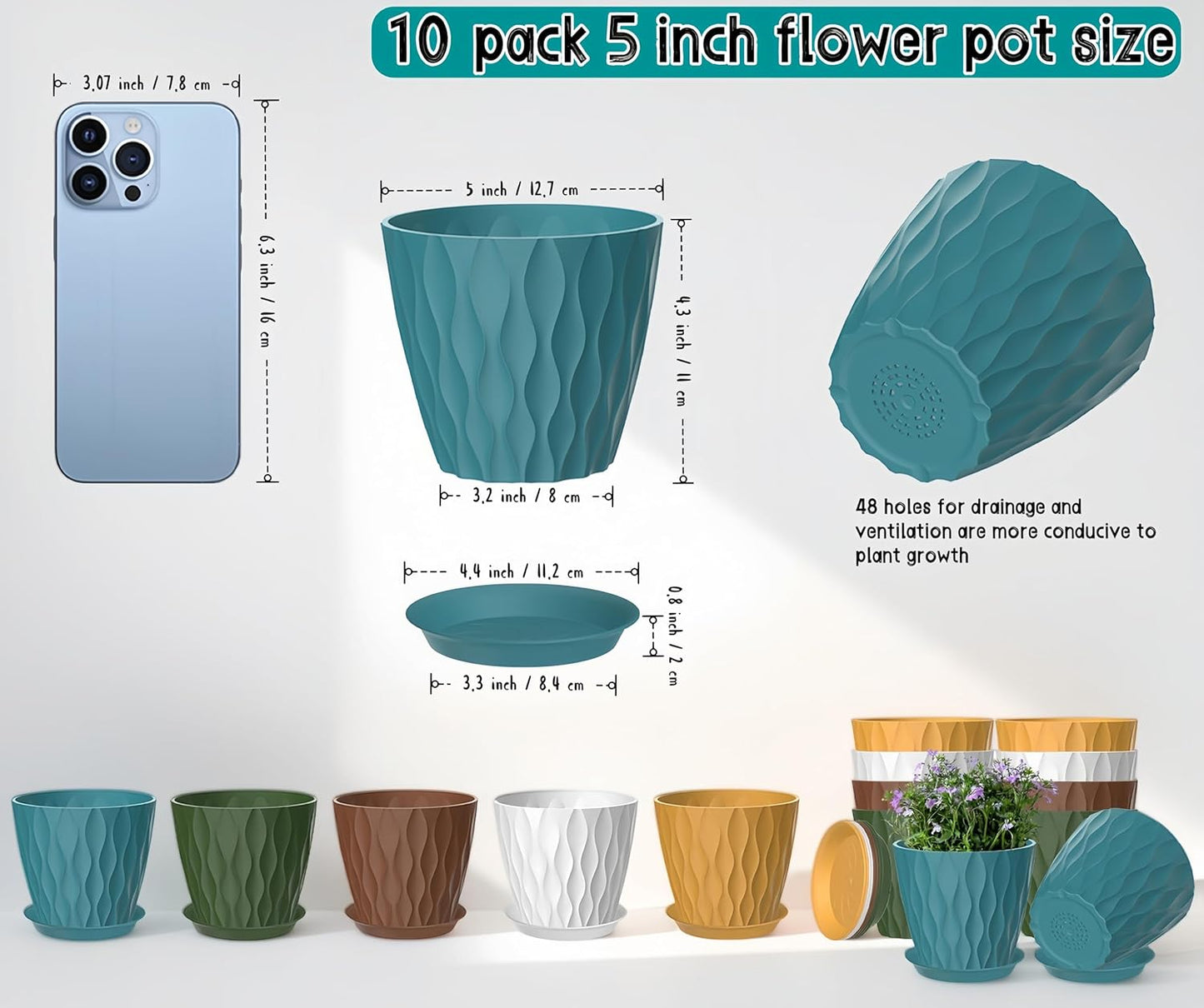 10 Pack 5 Inch Plant Pots with Drainage and Saucers, Multicolour Plastic Flower Pots for Indoor and Outdoor Plants, Stackable Nursery Planters for Houseplants and Herbs, Multicolour