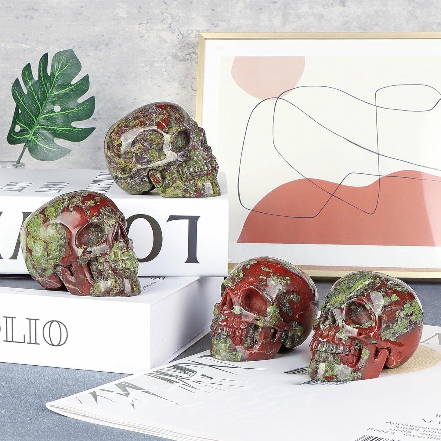 3.0" Dragon Blood Stone Crystal Skull Head Figurine Healing Stone Carved Sugar Skull Statue Sculpture Decor Day of The Dead Statue Ornaments Halloween Decoration