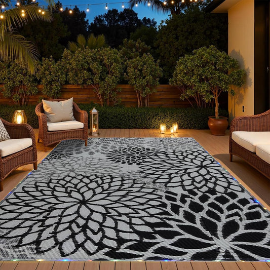 Outdoor Rug 8x10 ft with LED Light, Waterproof Reversible Outdoor Plastic Straw Rug for Patios Clearance, Large Outdoor Area Rug Carpet RV Mat for Camping Backyard Deck Porch Beach