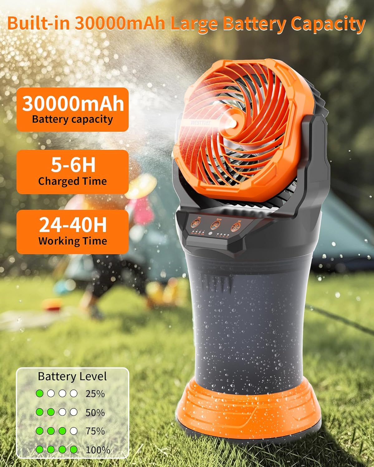 Portable Misting Fan with Large Battery Fan-Rechargeable Outdoor Misting Cooling Fans with 2L Water Tank,RGB Lights,4 Speeds & Spray Modes-for Patio, Camping, Beach, Workshop (X65 Orange)