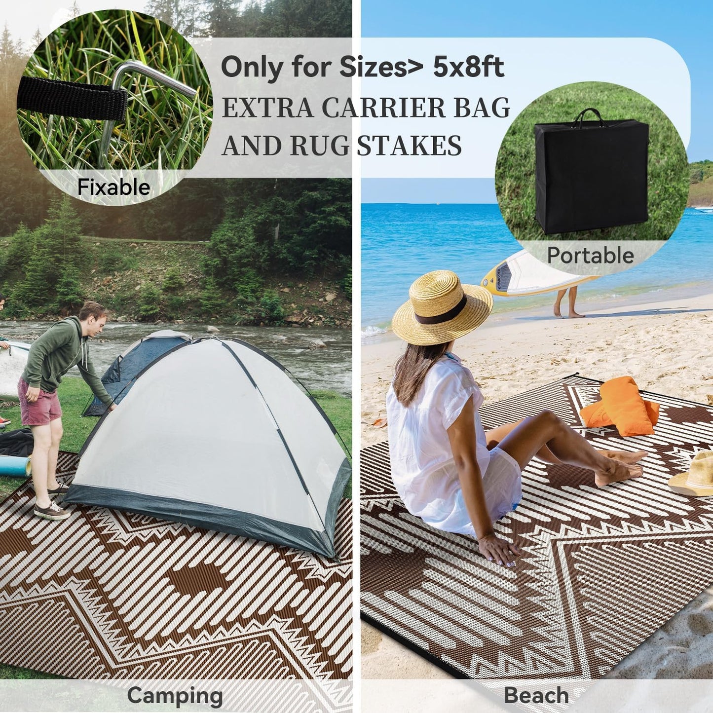 MontVoo Outdoor Rug-Waterproof Camping Rug Patio Rug Mat 6x9 Reversible Plastic Straw Outside Outdoor Rug for RV Camping Picnic Balcony Backyard Pool Deck Porch Modern Boho Beige Brown