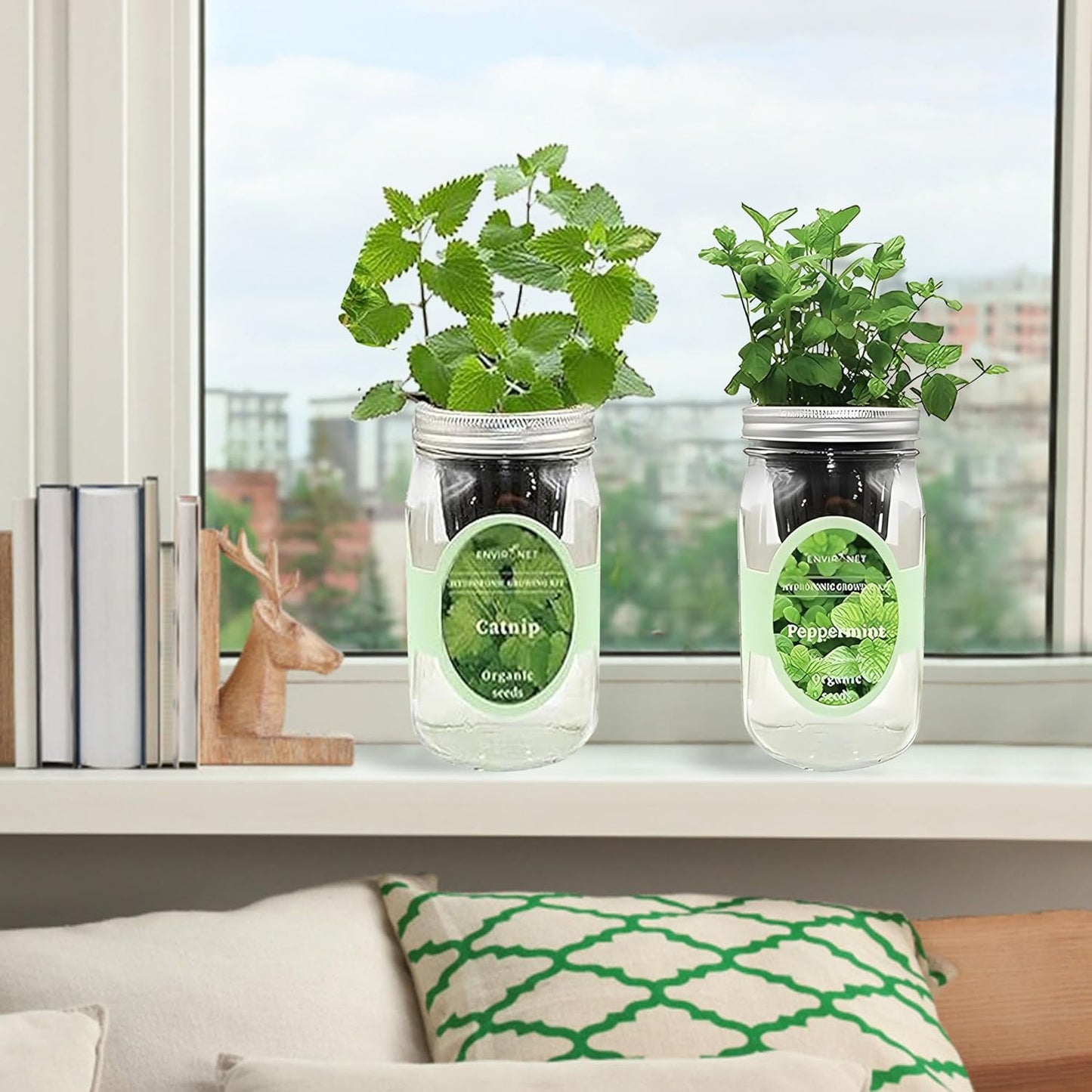 2-Pack Hydroponic Mason Jar Herb Garden Kit, Indoor Herb Garden Self-Watering Starter Kit (Catnip,Peppermint)