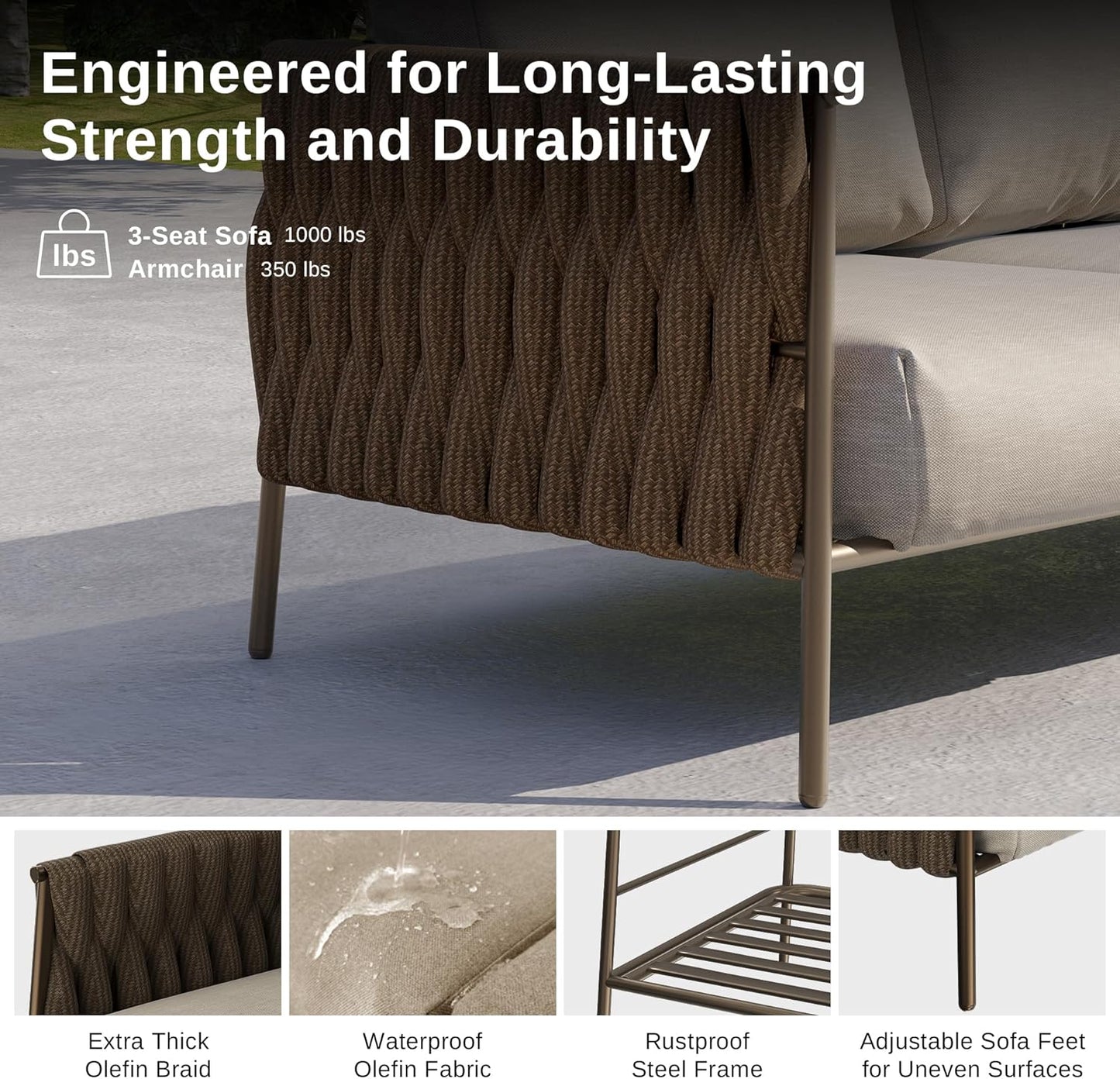 EAST OAK Life Chatter Patio Furniture Set 5 Pieces, Outdoor Furniture 5-Seat Sofa with Two Round Coffee Table, Waterproof Thick Cushion Deep Seating for Porch, Balcony, Chestnut Brown & Creamy Apricot