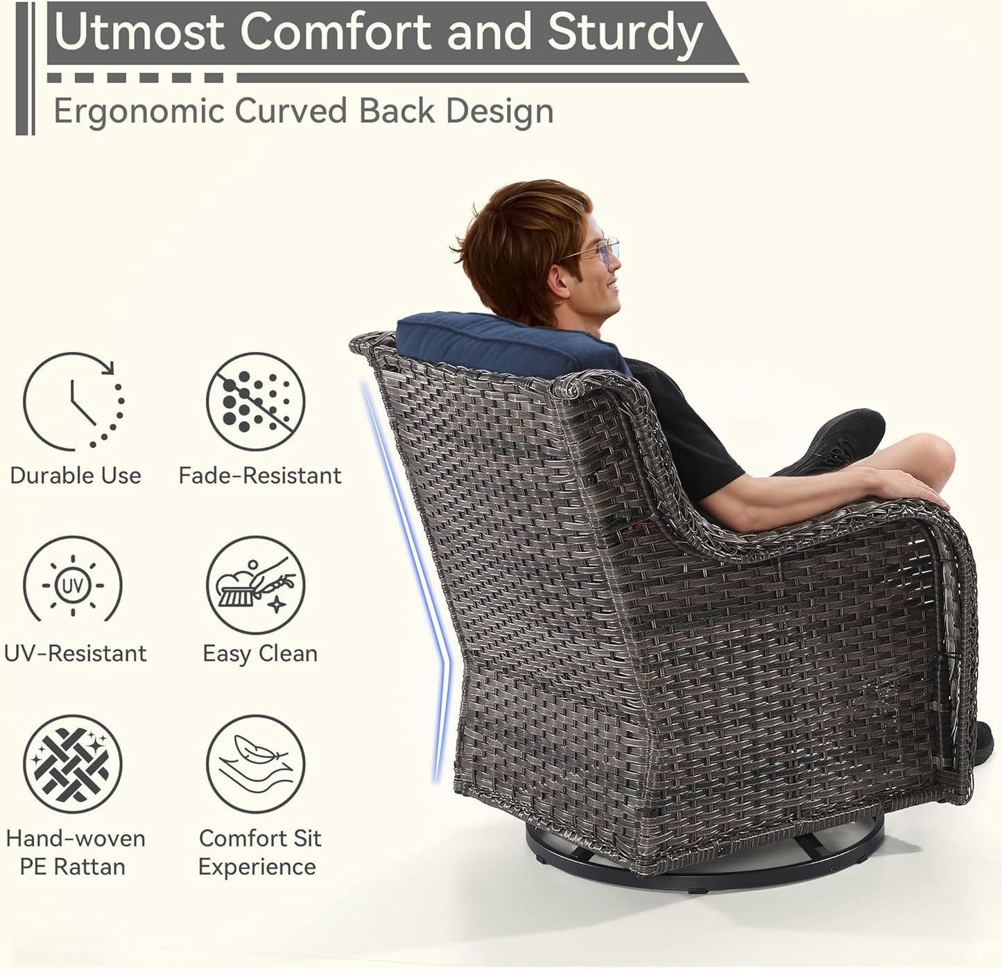 2 Pieces Outdoor Swivel Rocker Patio Chairs Set - Outdoor Wicker Patio Conversation Sets with 1 Side Table, Olefin Fabric Cushions Suitable for Backyard Deck and Porch, Blue