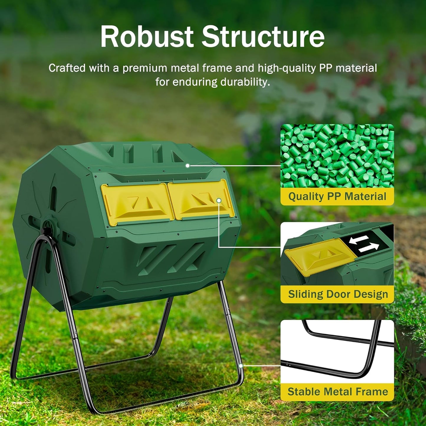 F2C Compost Bin Outdoor Dual Chamber Tumbling Composter 43 Gallon BPA Free Large Tumbler Composters Tumbling or Rotating w/Sliding Doors & Solid Steel Frame Garden Yard Black