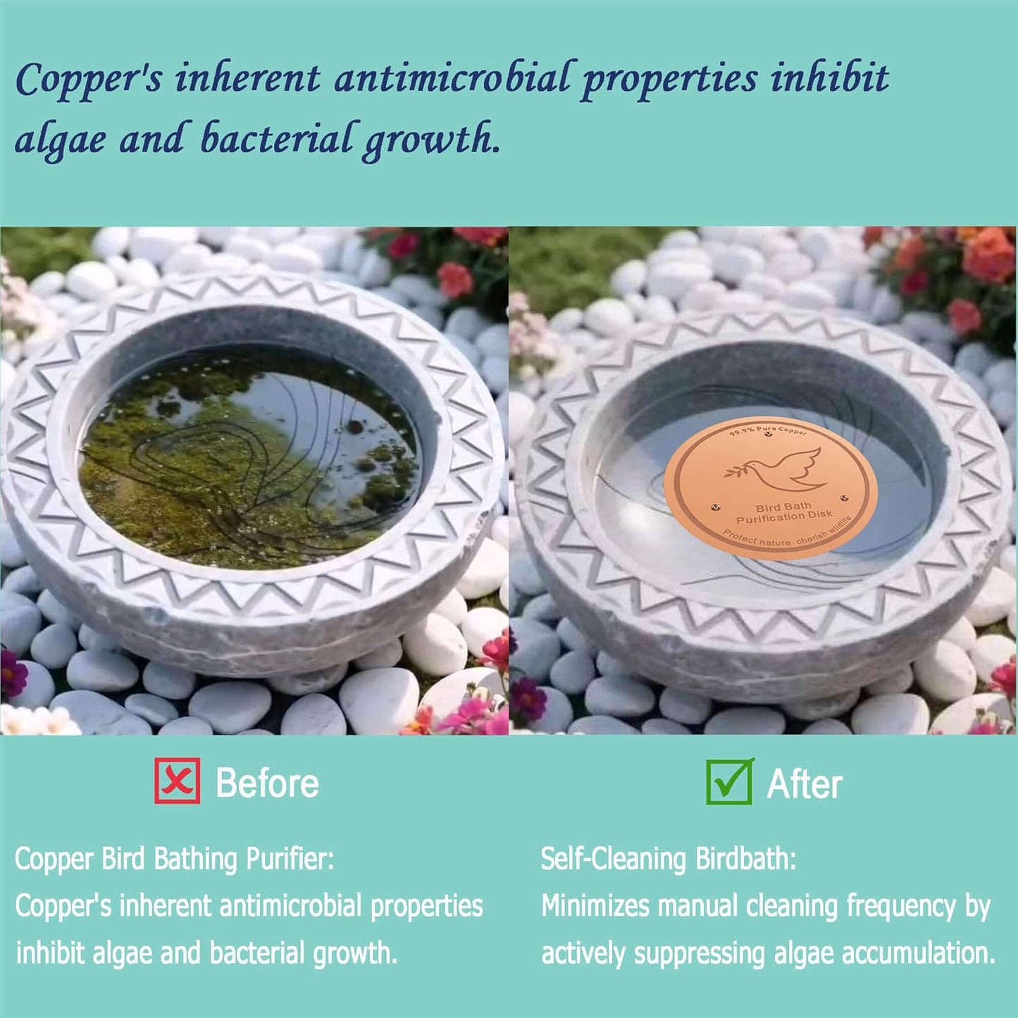 3Pack Bird Bath Copper Purification Disk | 0.6mm Reinforced 99.9% Pure Copper | Universal Fit for Outdoor Birdbaths(Birdbath Copper 3 Pack)