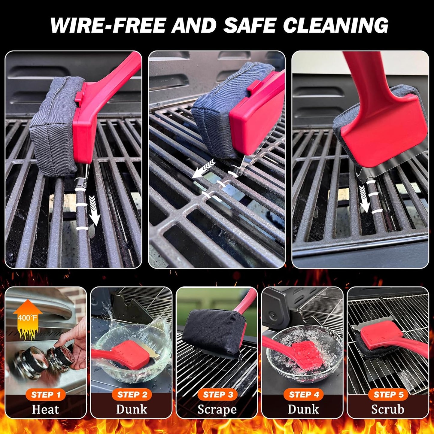 Grill Brush for Outdoor Grill, 18" Bristle Free Steam Grill Brush with SuS304 Stainless Steel Scraper, Grilling Accessories Fit for All Types Grill, Heat-Resistant & Easy to Clean, Black