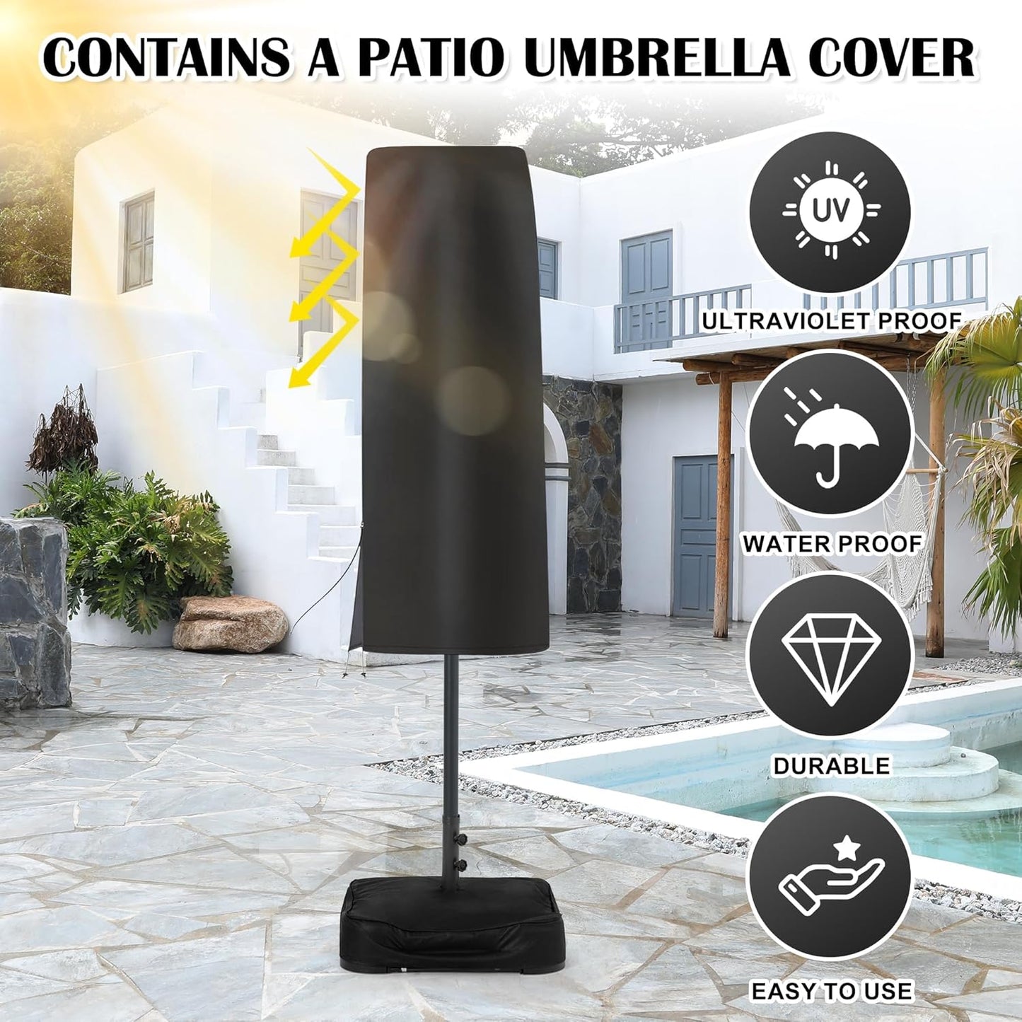 Sundale Outdoor Solar 144 LED 15 ft Patio Umbrella with Sandbag Base Included and Cover, Outdoor Double-Sided Umbrella, Navy