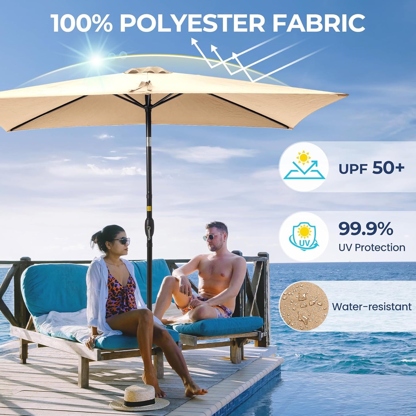 SUNVIVI OUTDOOR Patio Umbrella, 6.5' x 10' Rectangular Patio Umbrella, Metal Pole Square Outdoor Umbrella with Crank and Push Button Tilt, 6 Steel Ribs, Polyester Canopy