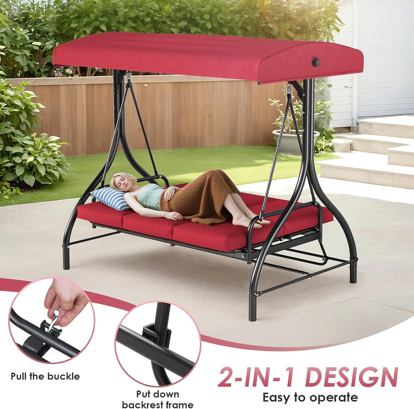 MAMIZO 3-Seat Outdoor Patio Swing, Porch Swings, Backrest Bench Sets, Glider Swing Bed Chair W/Adjustable Canopy, Thickened Removable Cushions, for Outside Backyard, Garden, 750LBS(Burgundy)