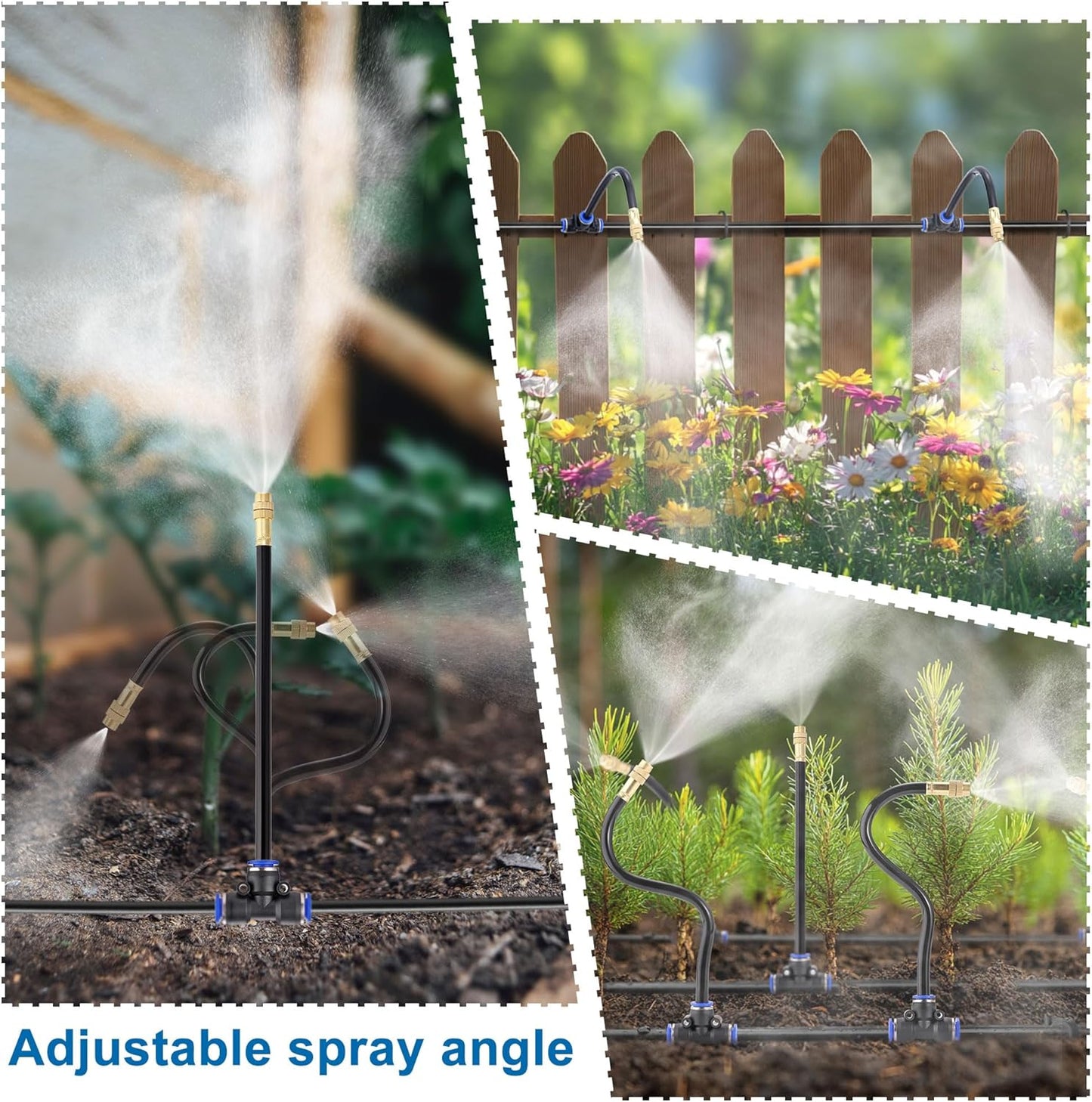 Mornajina Automatic Drip Irrigation Kits Garden Irrigation System, Includes Calcium Inhibitor Filter & 66FT 5/16 inch Irrigation Tubing Hose & 20Pcs 360° Bending Dropper Atomizing Mist Nozzles Tee