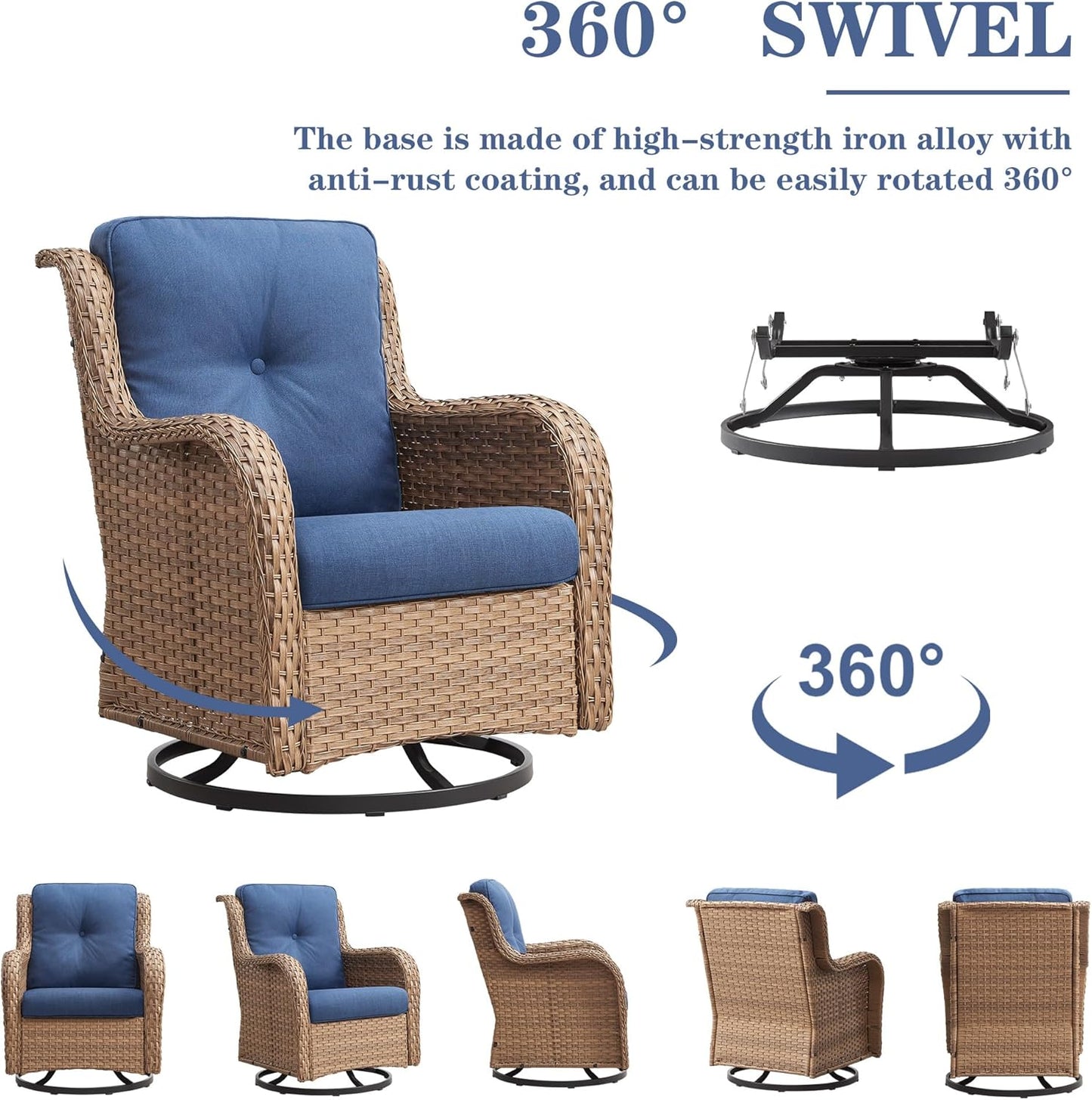 Wicker Outdoor Furniture Patio Furniture Set - 6 Piece Patio Conversation Set with Swivel Rocker Chairs, Rattan Sofa, Ottomans and Coffee Table, Blue Cushion