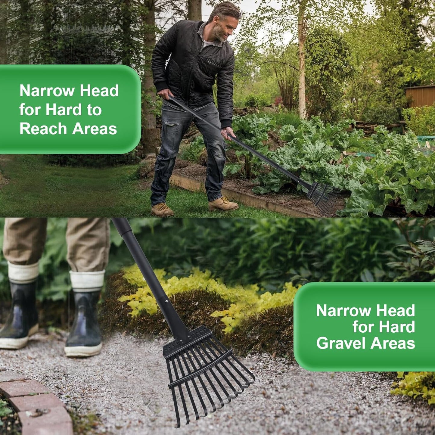 Rake for Leaves Small Metal Garden Tool with 11 Tines 63 Inch Adjustable Handle Sturdy Yard Rake for Gardening Gathering Leaves Weeds Debris, Black