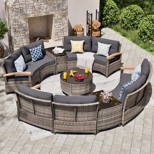 11 Piece Outdoor Patio Furniture Set, Half-Moon Curved Sectional Sofa Rattan Conversation Set with Wood Armrests, Coffee Table & 2 Side Table（Grey）