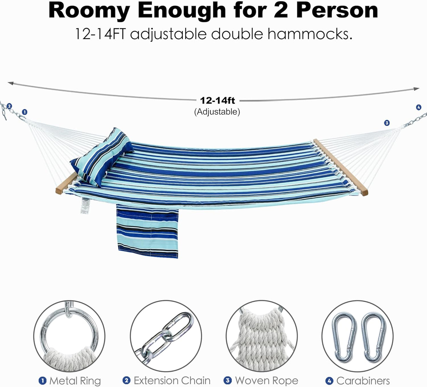 2 Person Hammocks for Outside, Double Quilted Fabric Outdoor Hammock with Spreader Bar, Large Removable Pillow, Storage Pockets, Carabiners, Max 475 lbs Capacity (Catalina Beach)