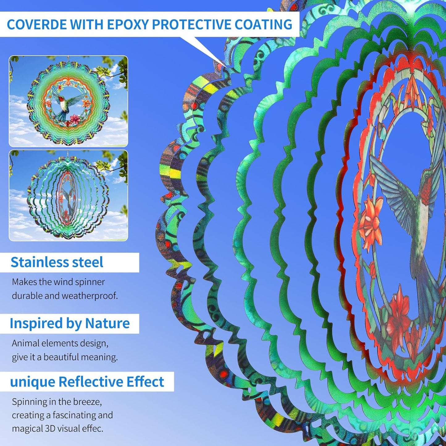 Wind Spinners Outdoor Hummingbird - Birthday Gifts for Women Mom Wife, Hanging Wind Sculptures Wind Spinners, 12 inch 3D Wind Spinner for Garden Decor for Outside, Garden, Patio, Yard, Outdoor