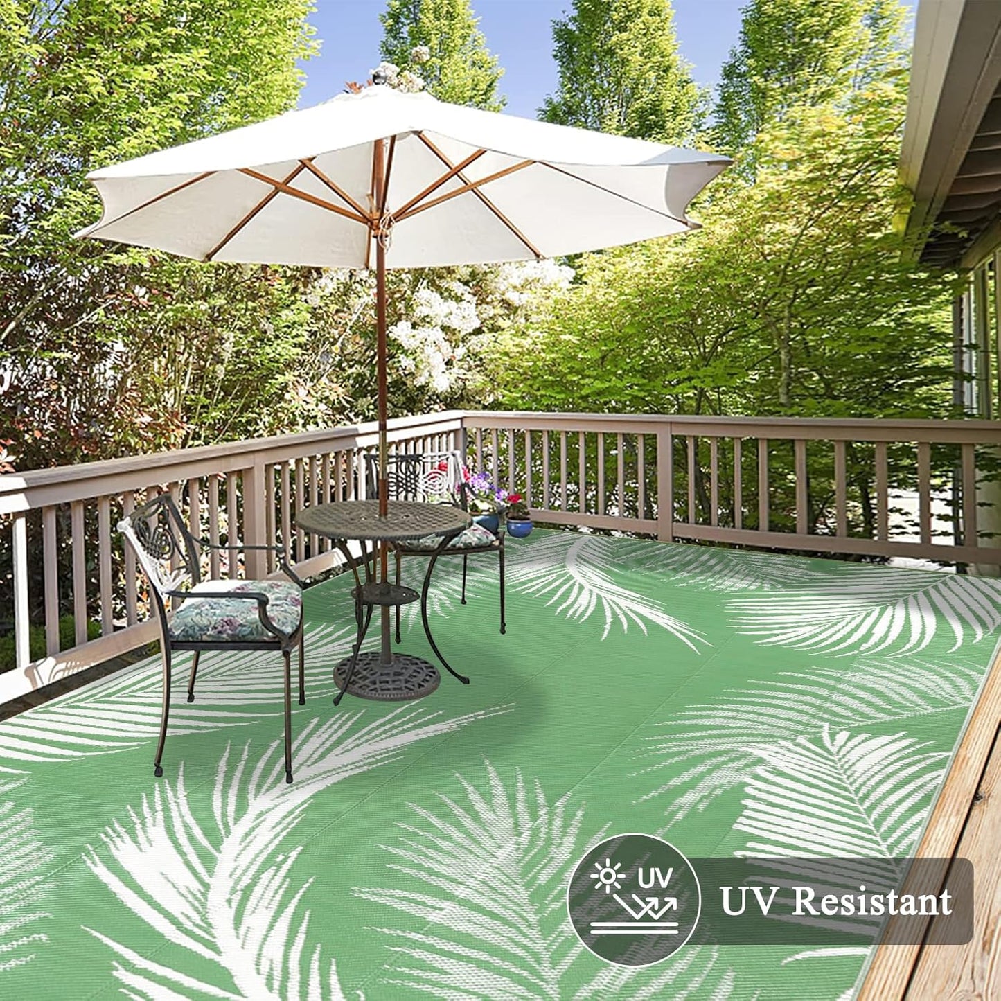 Pauwer Waterproof Outdoor Rug 9x12, Reversible Plastic Straw Patio Camping Rug, Indoor Outdoor RV Mat Carpet for Deck, Camper, Porch, Balcony, Backyard, Picnic, Leaf Green