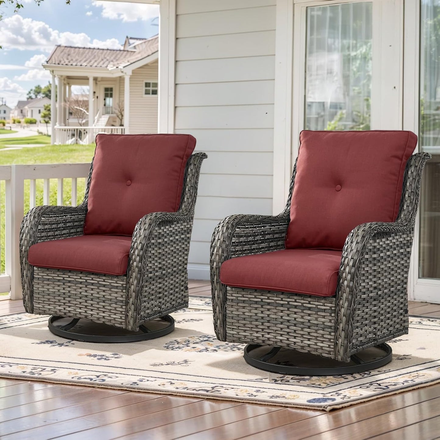 Outdoor Swivel Rcoker Wicker Chairs - Swivel Patio Chairs Set of 2 Patio Furniture Sets with Covered Cushion for Porch Deck Balcony Backyard, Red
