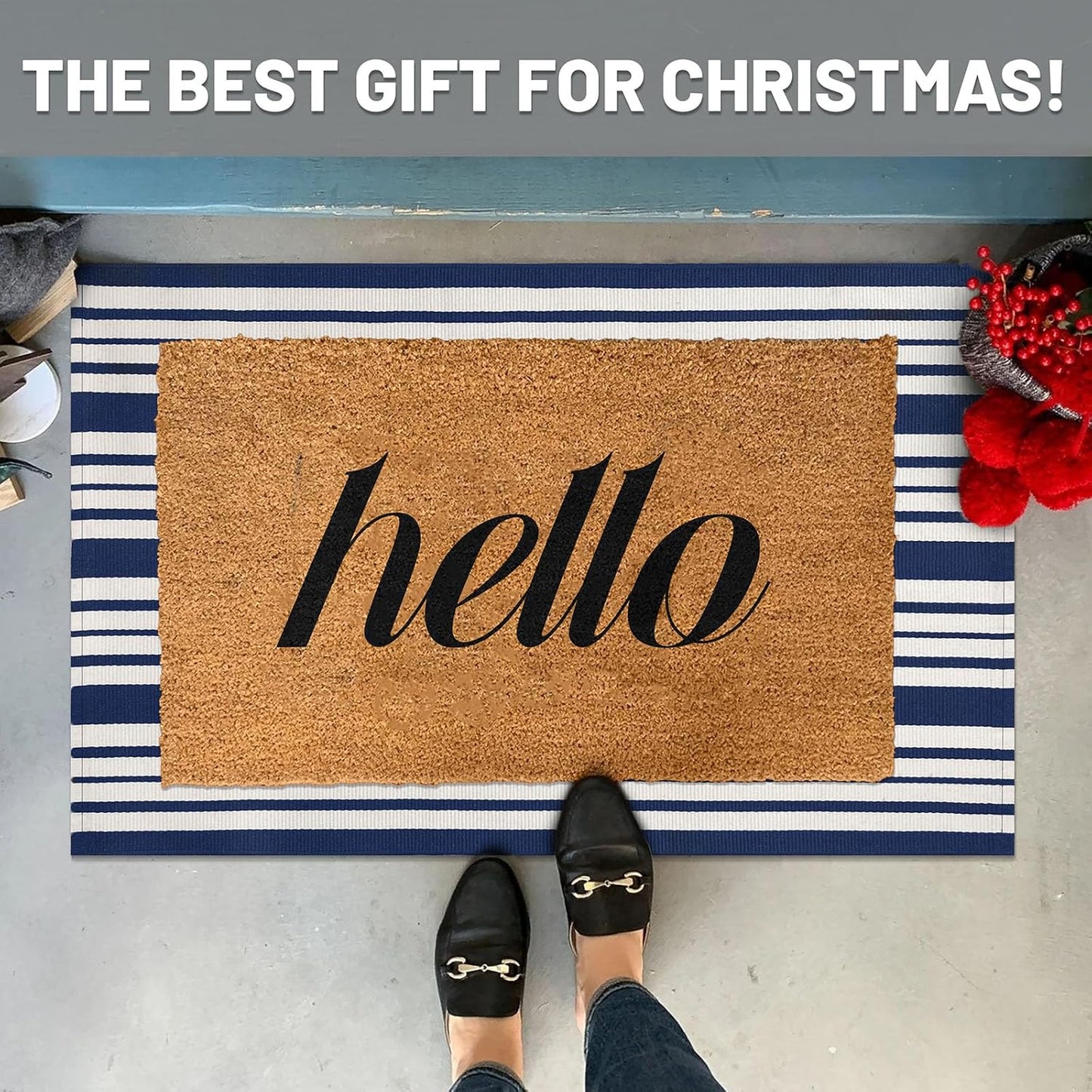 IOHOUZE Navy and White Striped Rug 2'x3' Front Door Rugs, Small Washable Area Rug for Front Porch, Spring Summer Doormats Outdoor Indoor, Cotton Rugs for Entryway Porch Entrance