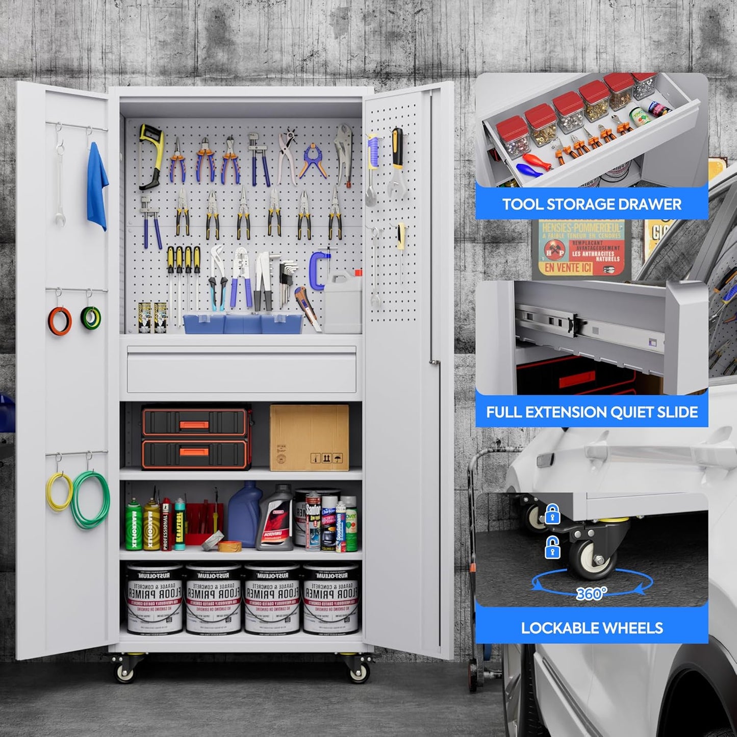 Metal Garage Cabinet with Wheels,71''H Rolling Lockable Steel Tool Cabinet with Pegboard & Drawer for Garage,Home,Office Assembly Required,White
