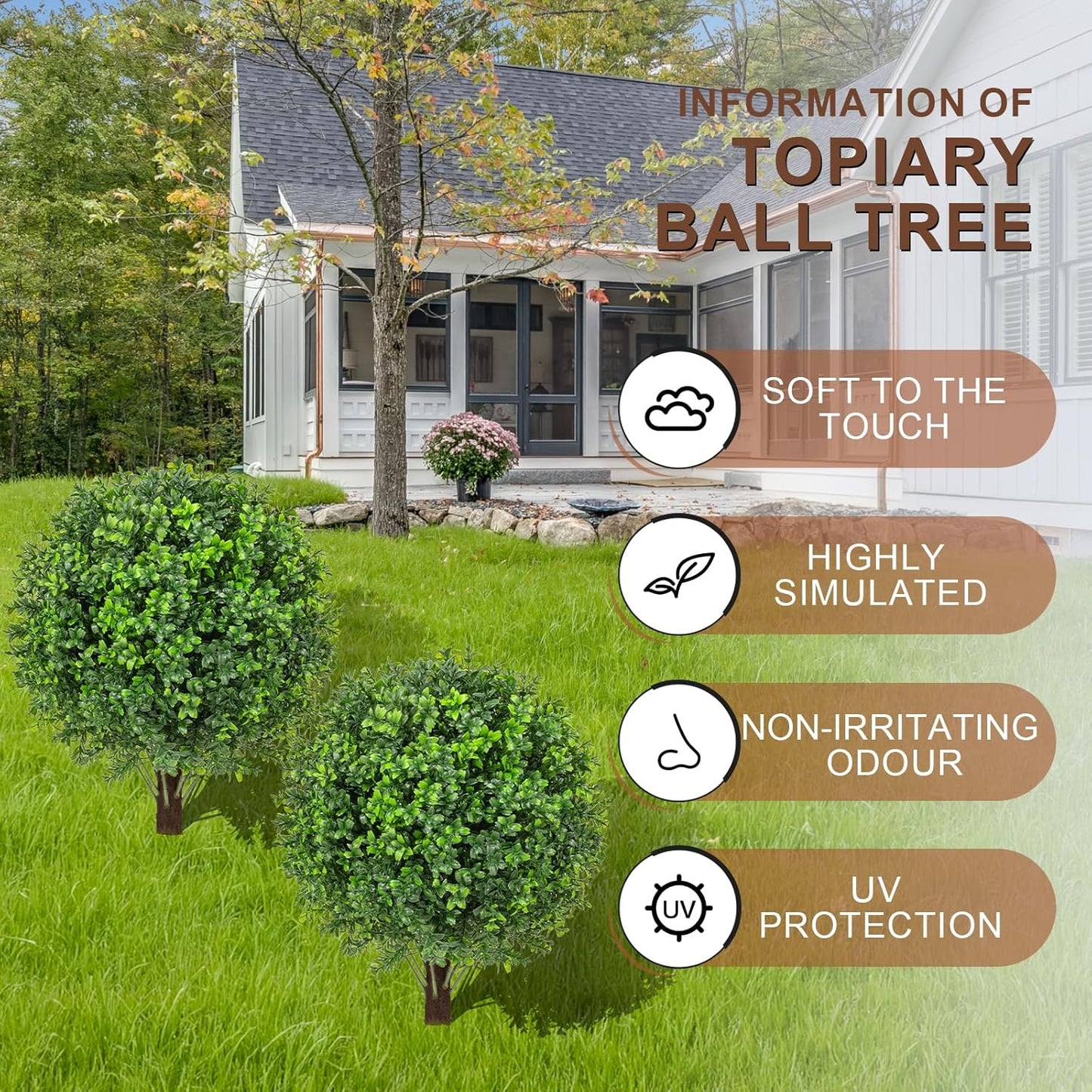 22" Artificial Boxwood Topiary Ball Trees with Ground Spike Set of 2 - UV Resistant Faux Green Shrubs & Bushes Potted Plants for Outdoor Indoor Front Porch Garden