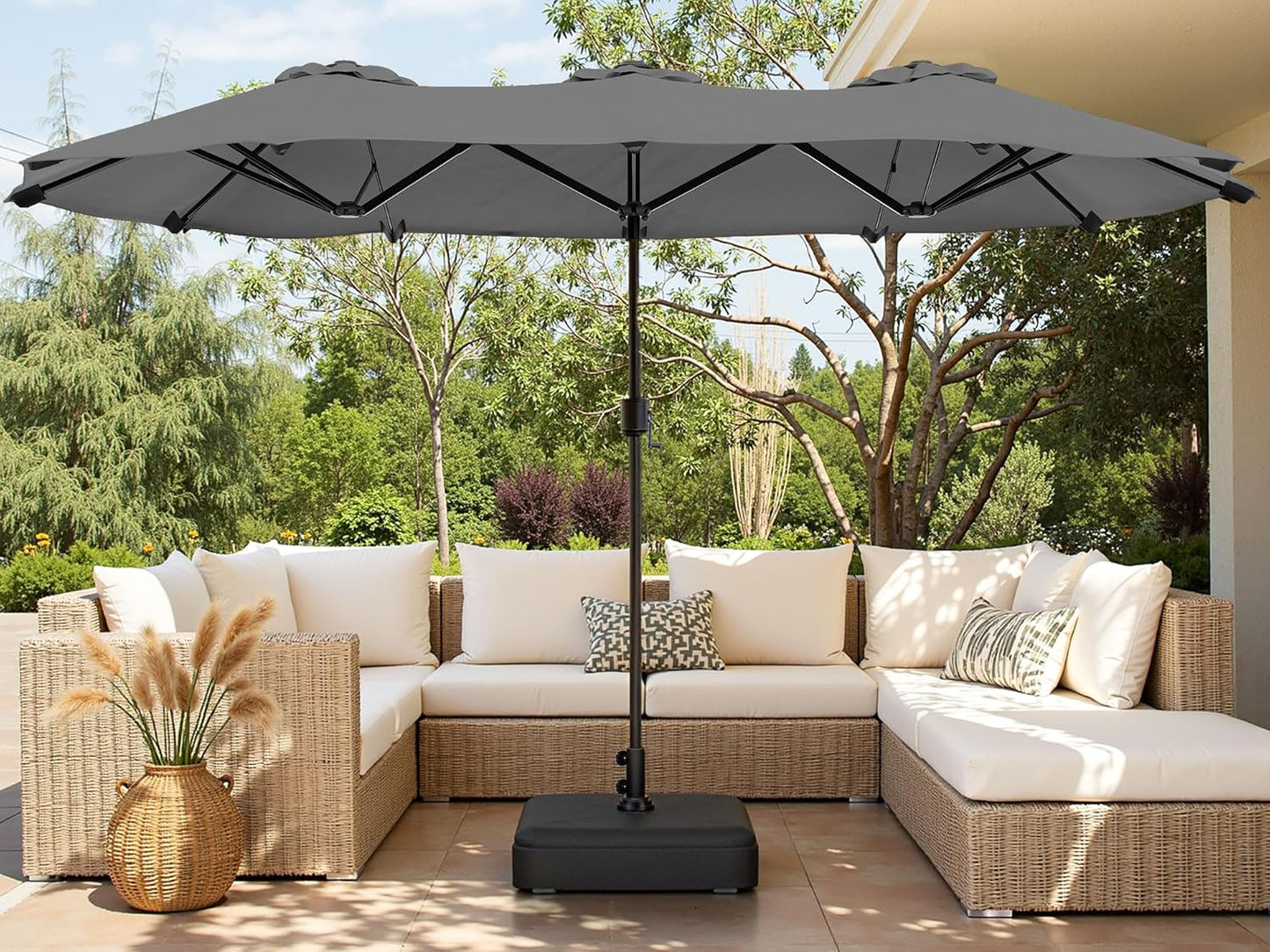 Shintenchi 16FT Large Patio Umbrella with Base, Outdoor Double-Sided Rectangular Umbrella, Market Umbrella with Crank Handle for Poolside Lawn Garden, Gray