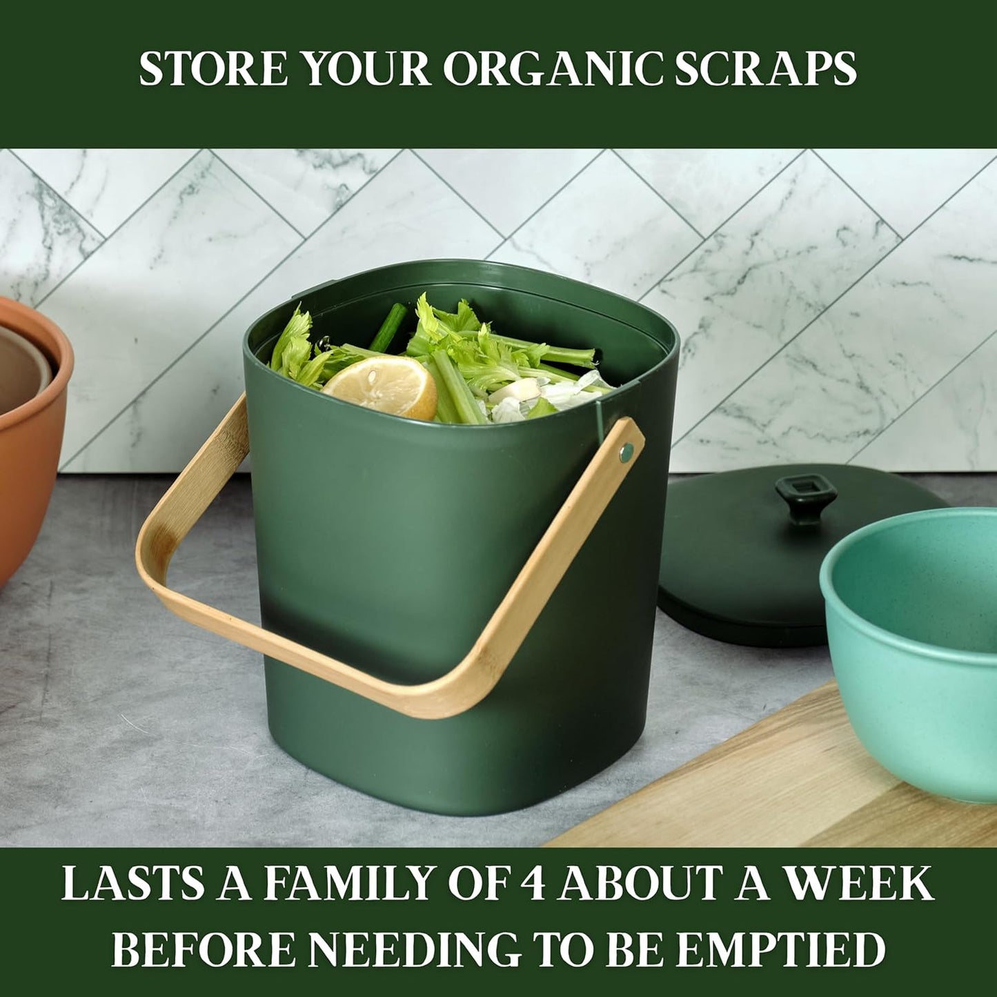 Bamboozle Countertop Compost Bin Kitchen | 1 Gallon | Odorless Composting Bin with Filters | Indoor Compost Bin with Lid | Plant Based Kitchen Composter for Food Scraps & Waste Recycling | Forest