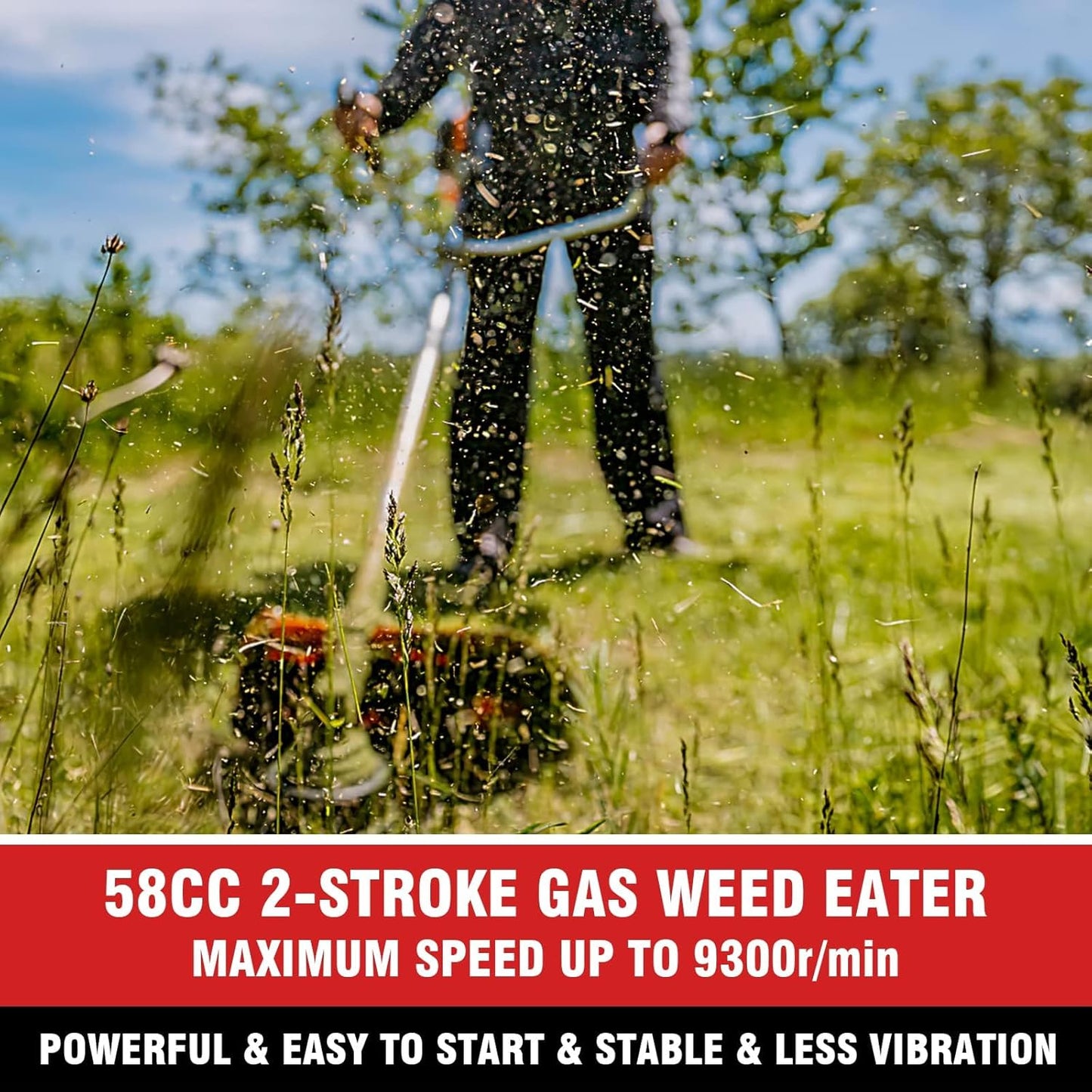 COOCHEER 58cc Gas Weed Eater, 4 in 1 String Trimmer 2-Cycle Gas Powered Brush Cutter Weed Wacker with 18.5’’ Cutting Path, Straight Shaft Weed Trimmer Grass Cutter for Yard, Lawn, Garden Care, Red