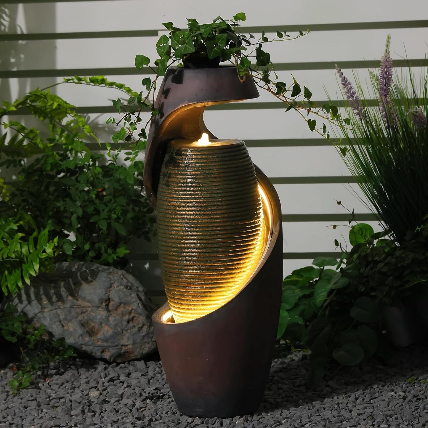 29.5’’H Modern Outdoor Fountain - Curved Spiral Waterfall Indoor/Outdoor with LED Light & Planter Bowl, Resin Garden Fountains for Patio, Yard, Backyard, Porch, Home Art Decor, 11.8" L x 11.8" W