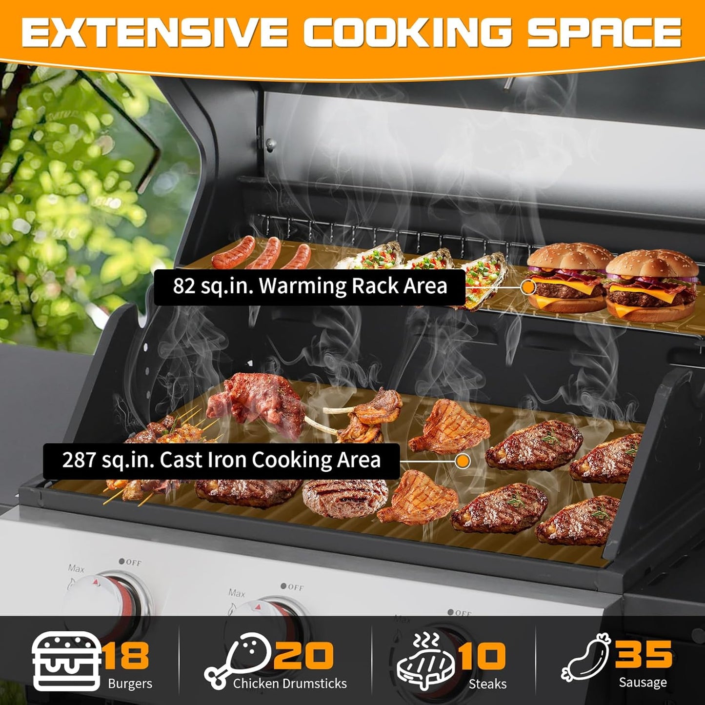 CIG GARDEN 3-Burner Propane Gas Grill,Outdoor Barbecue Grill with 2 Foldable Side Tables,Double-layer Stainless Steel Grill Lid with Cast Iron Grates,31500 BTU Output Perfect for Camping,BBQ Grill