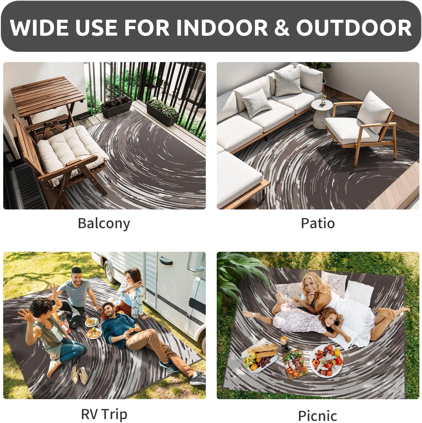 COCOER Modern Outdoor Rug 9x12 Reversible-Waterproof Outdoor Patio Rug-Quick Dry Outdoor Area Rugs Indoor Outdoor Rugs-Outside Rug Patio Decor for Porch Deck Balcony Backyard