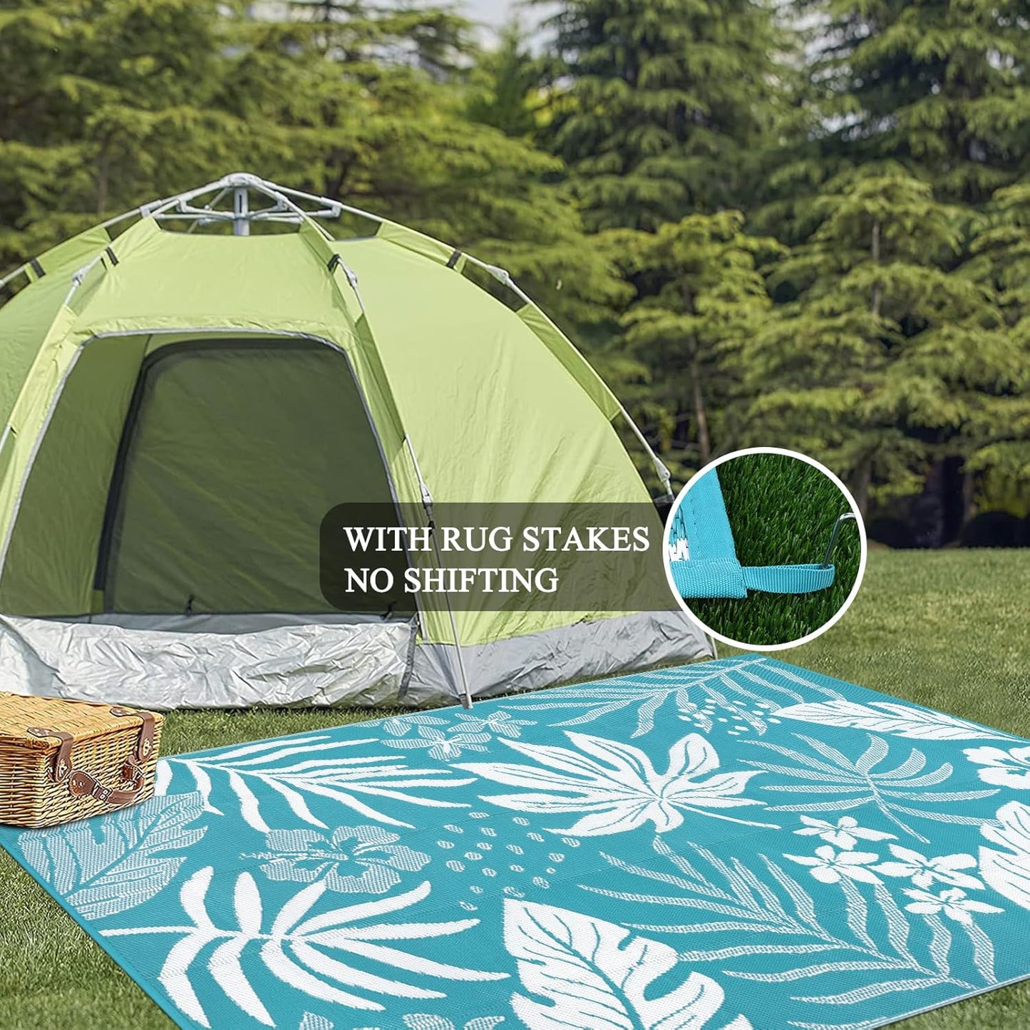 Pauwer Waterproof Outdoor Rug 6x9, Reversible Plastic Straw Patio Camping Rug, Indoor Outdoor RV Mat Carpet for Deck, Camper, Porch, Balcony, Backyard, Picnic, Floral Teal